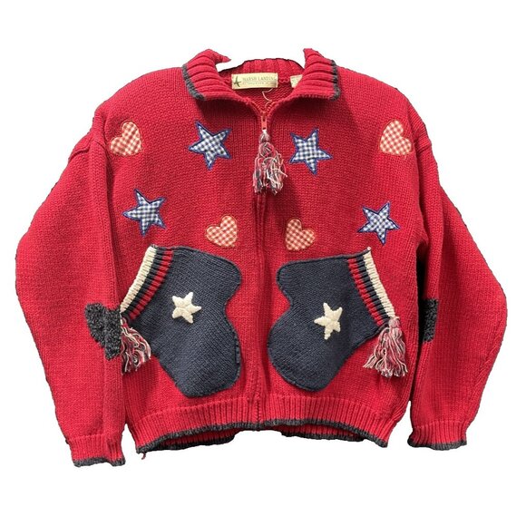 Marsh Landing Sweaters - Marsh Landing Zip Front Cardigan Sweater Large Red White Blue Mitten Star USA